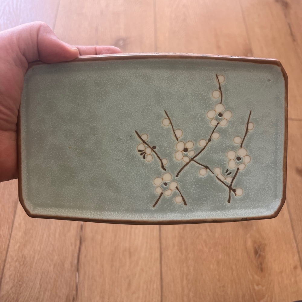 Vintage Japanese Celadon Ceramic Sushi Plate Cherry Blossom Rectangular Tray